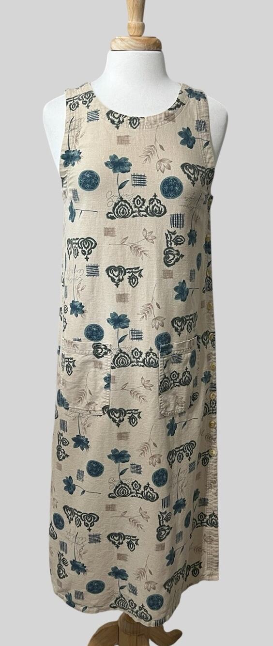 Vintage Erika & Co Dress Women’s SP Linen Cotton Blend Midi Floral Boho Cottage